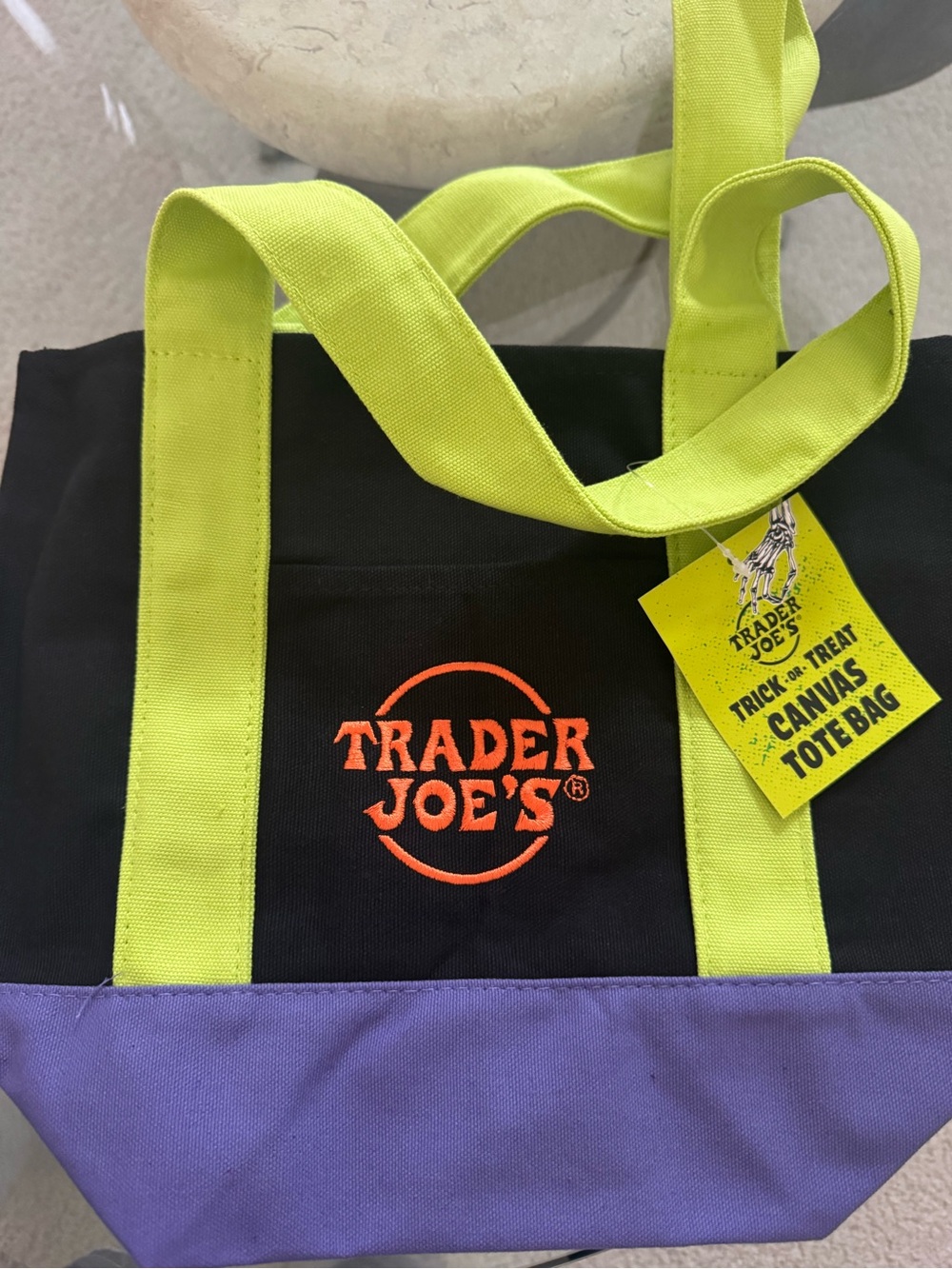 Trader Joe’s Black Canvas Tote Bag with Lime Handles and Purple Base
